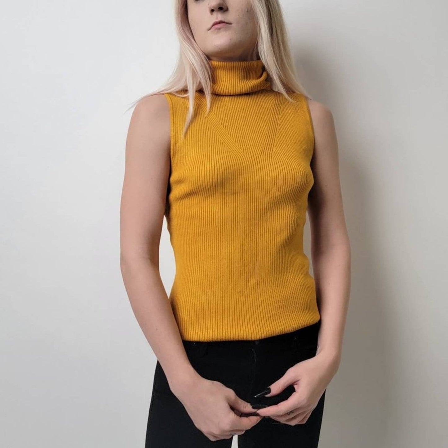 Ribbed Sleeveless Smocked Mock Neck Sweater - S
