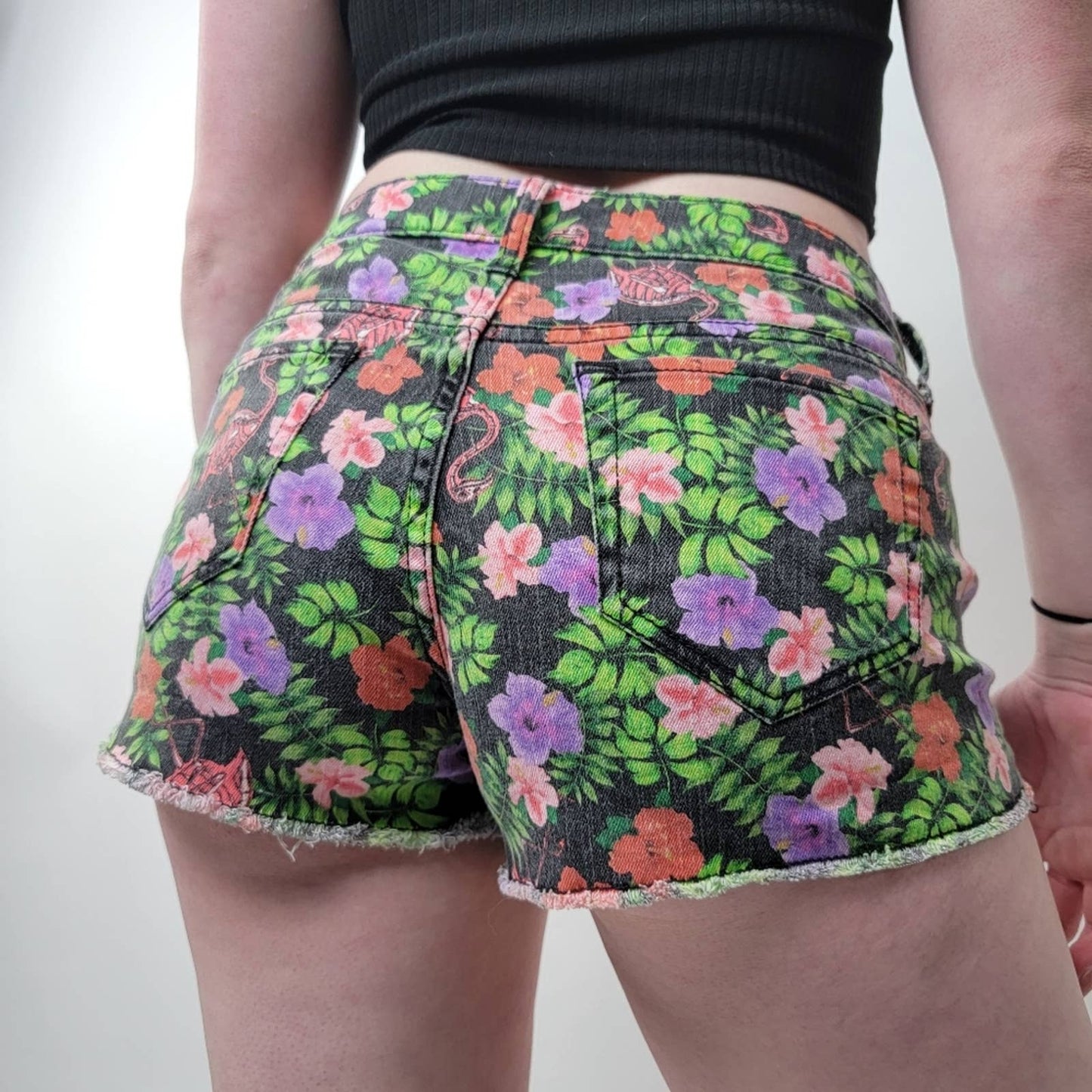 Y2K Lovesick Skeleton Flamingo Floral Denim Cutoff Shorts