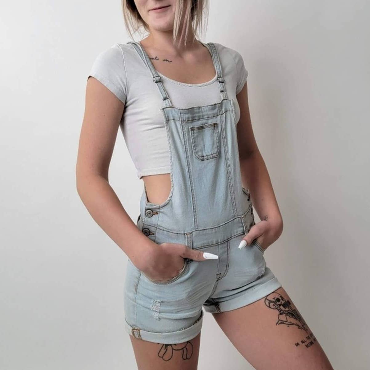 Light Wash Wax Jean Overalls Shortalls - M