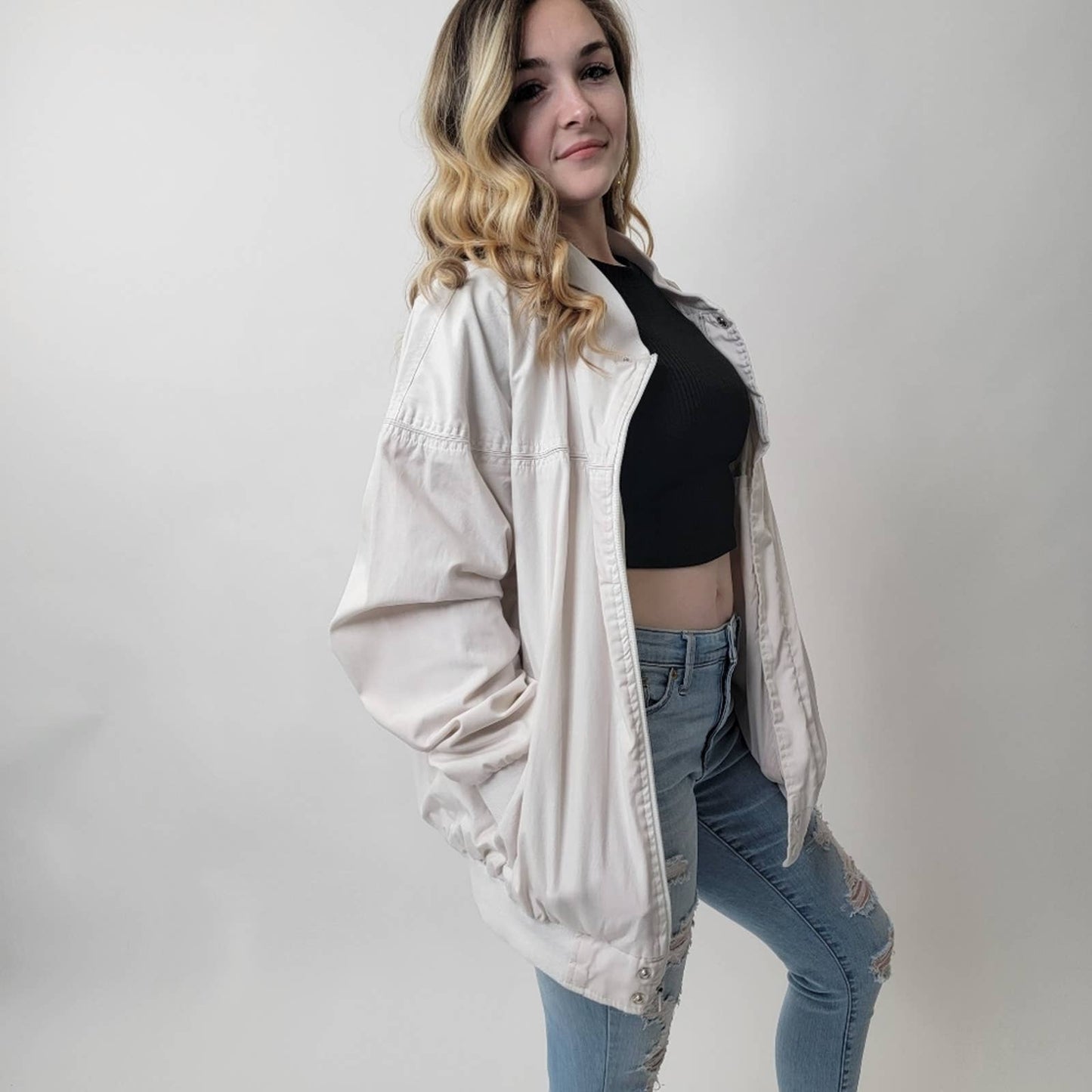 Vintage 80s Haband White Bomber Track Jacket - L