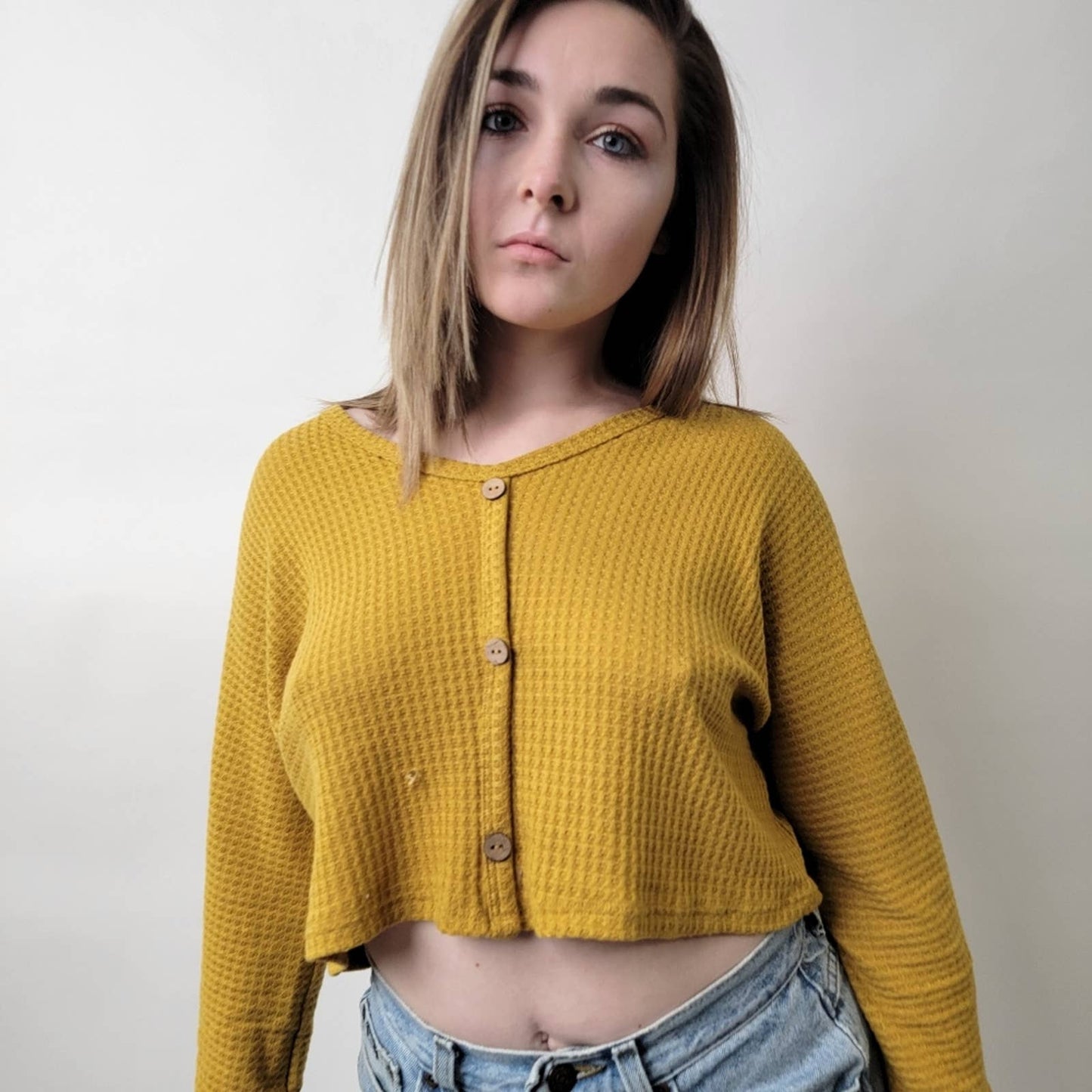 Cropped Waffle Weave Mustard Yellow Flannel Shirt - M