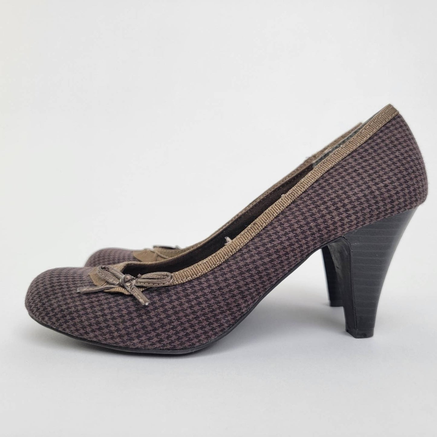BONGO Bow Gingham Plaid Kitten Pump Heels - 7