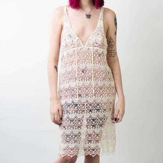 Bone White Lace Crochet Sheer Dress- S/M