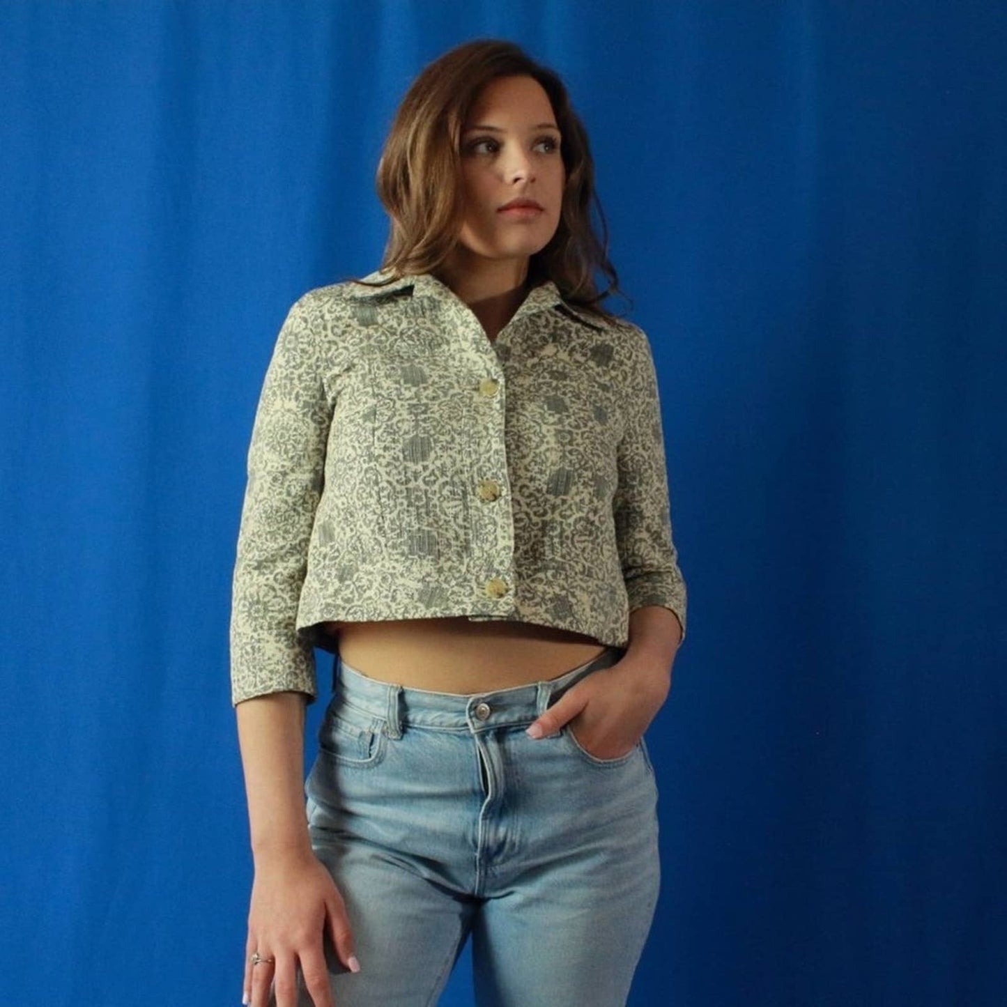 Theory Ecru Brocade Cropped Box Jacket - M