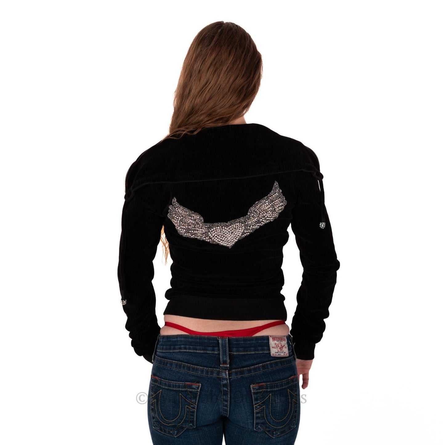 Vintage Y2k Twisted Heart Velvet Velour Zip Up Embellished Hoodie Jacket - S