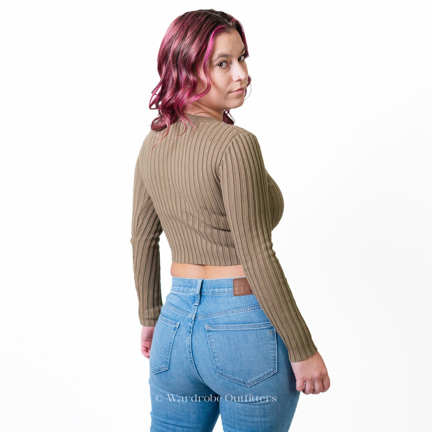 F21 Cropped Ribbed Long Sleeve Olive Green