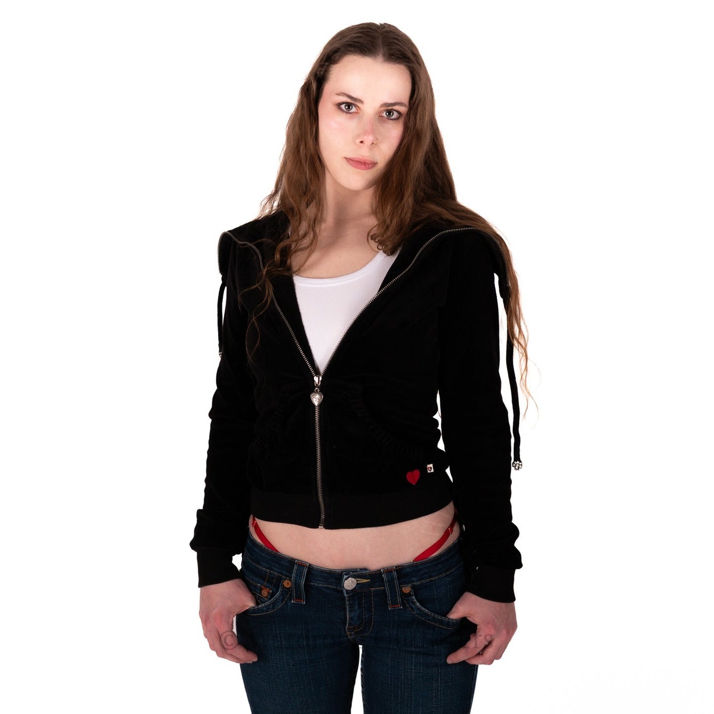 Vintage Y2k Twisted Heart Velvet Velour Zip Up Embellished Hoodie Jacket - S