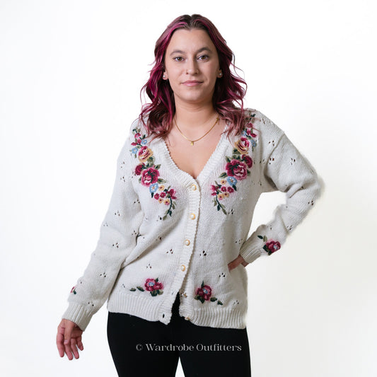 Vintage 90s Floral Crochet Needlepoint Cardigan Sweater