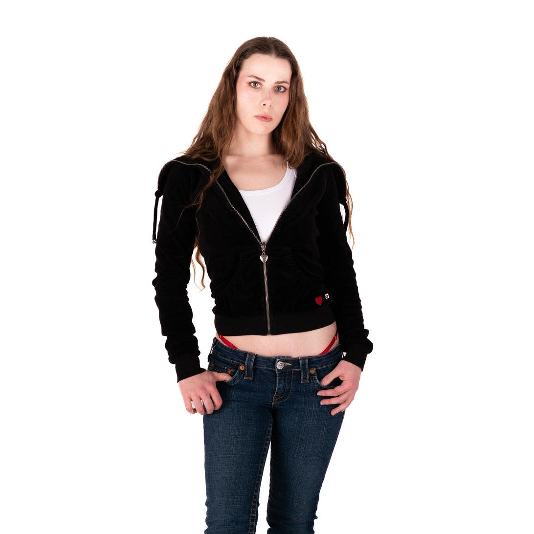 Vintage Y2k Twisted Heart Velvet Velour Zip Up Embellished Hoodie Jacket - S