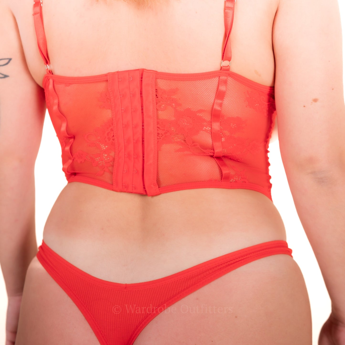 Cupless Red Sheer Mesh Lace Corset Garter Lingerie Set