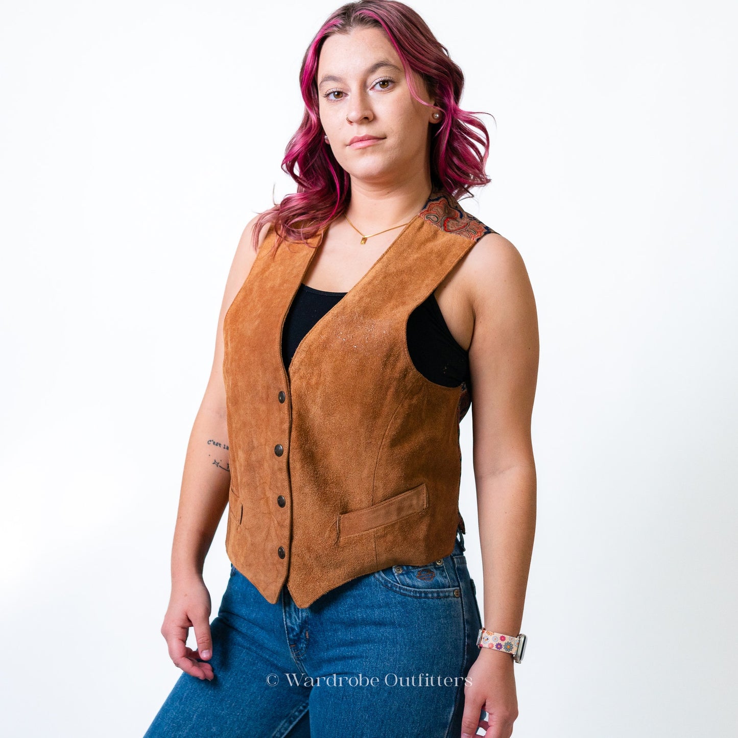 Vintage Western Cowhide Leather & Silk Paisley Print Vest