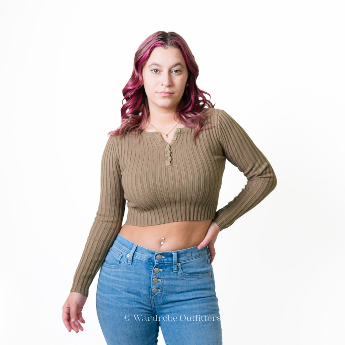 F21 Cropped Ribbed Long Sleeve Olive Green