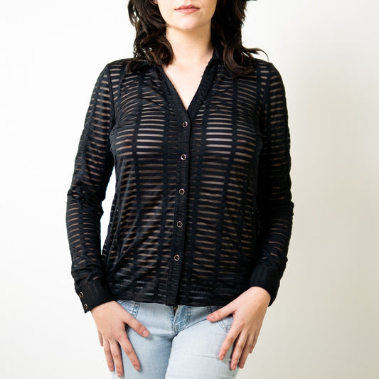 Black Sheer Mesh Stripe Panel Long Sleeve Blouse by Cache