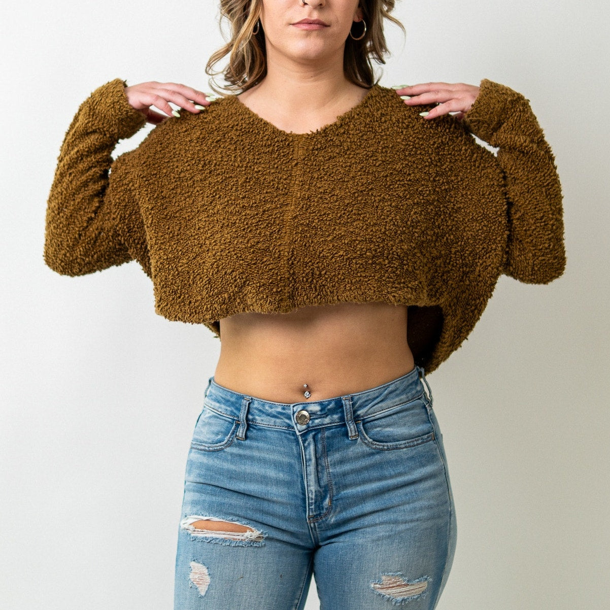 Free People Cropped Fuzzy Fleece Burnished Yellow Sweater Top