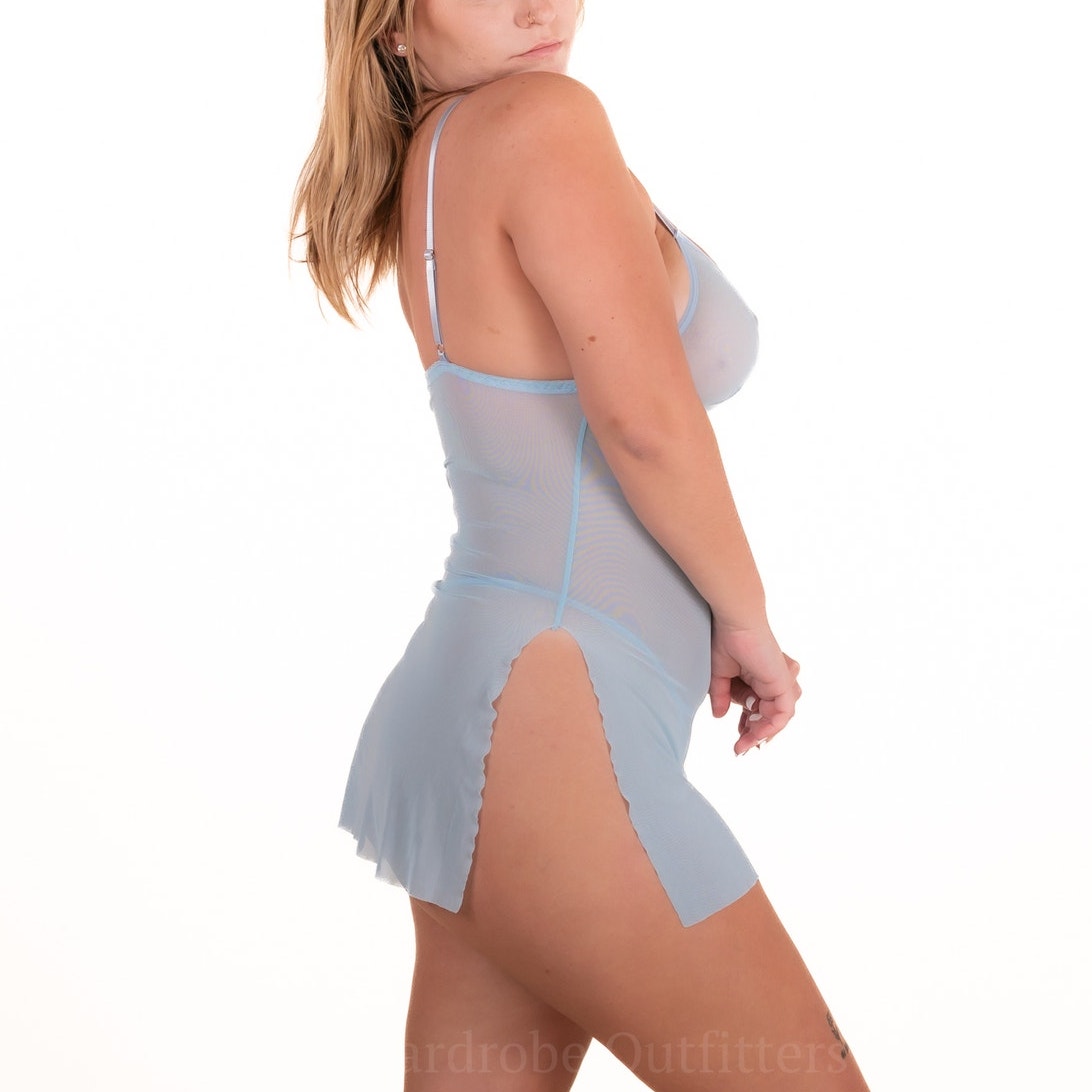 Sexy Lace Baby Blue See-Through Sheer Lingerie Thong Set