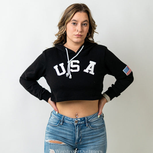 USA Black Cropped Hoodie Sweatshirt