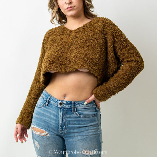 Free People Cropped Fuzzy Fleece Burnished Yellow Sweater Top