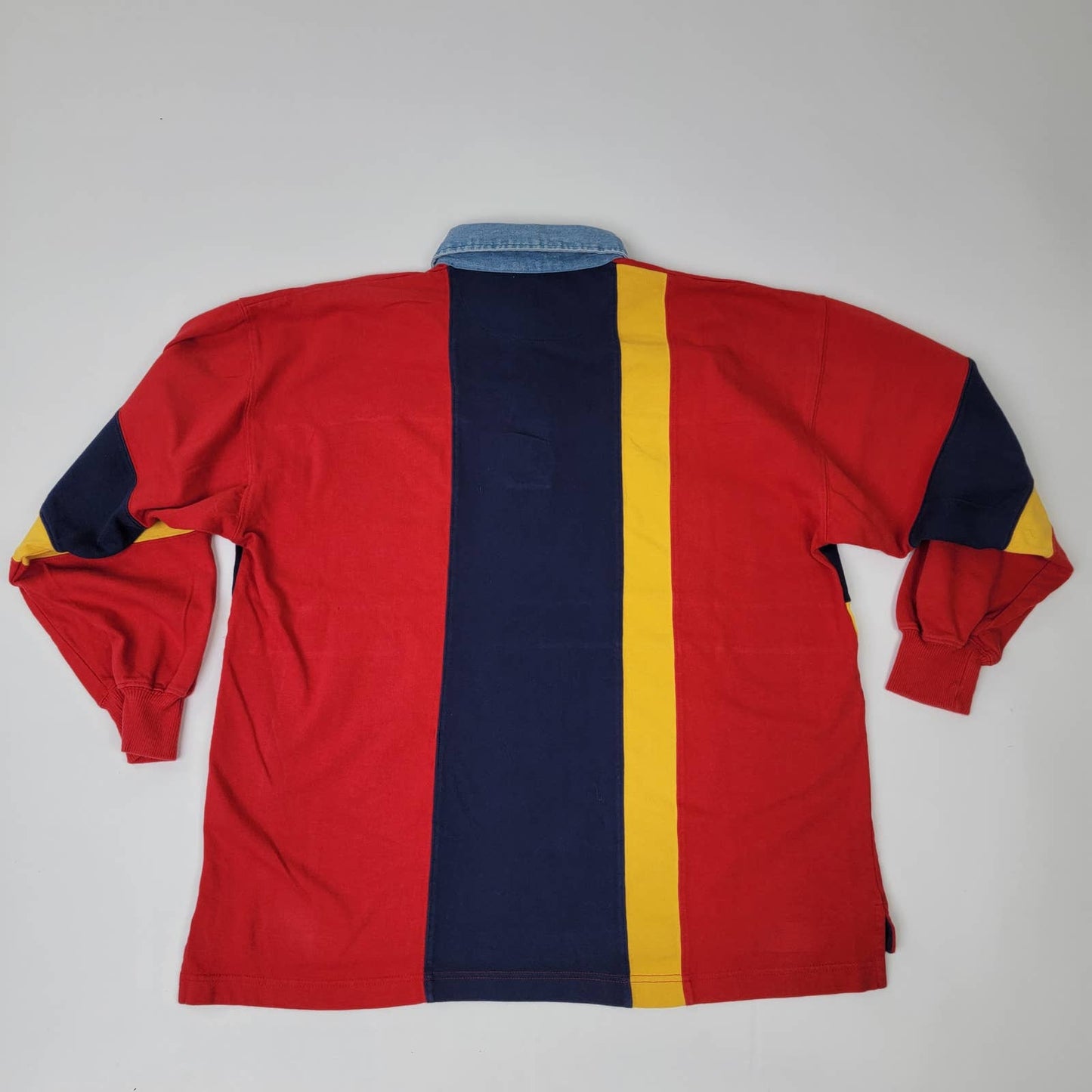Vintage 90s Striped Colorblock Denim Collar Disney Store Mickey Mouse Long Sleeve Rugby Shirt