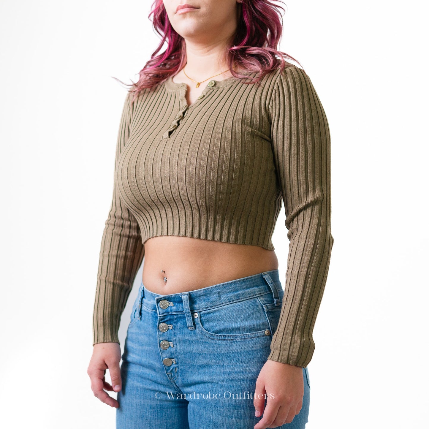 F21 Cropped Ribbed Long Sleeve Olive Green