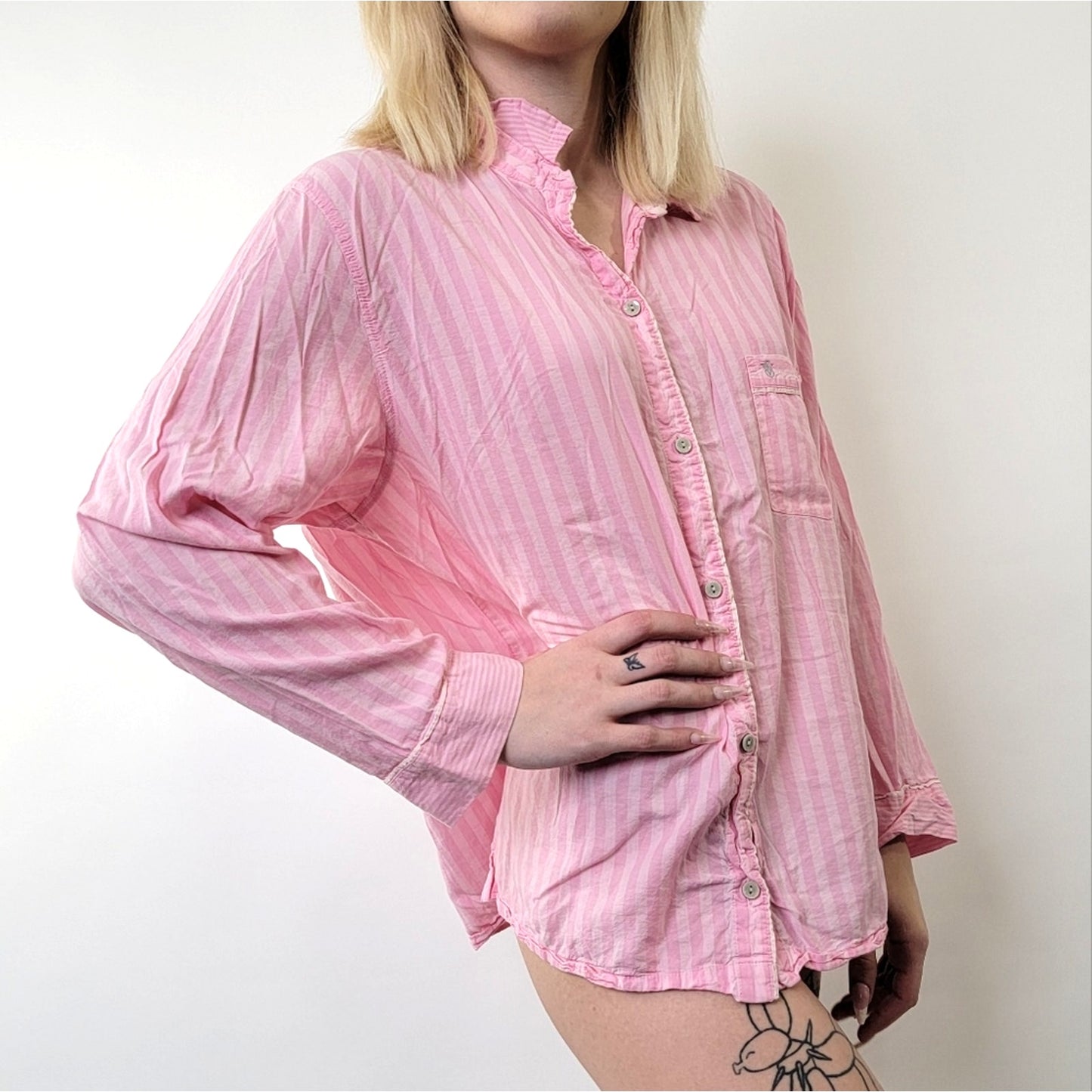 Victoria's Secret Pink Pajama Striped Button Down Sleep Shirt - L