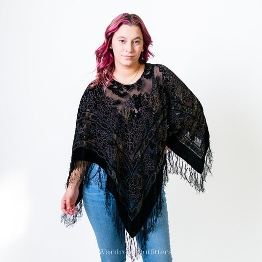 Black Flowy Witchy Sheer Paisley Poncho Shrug Pullover