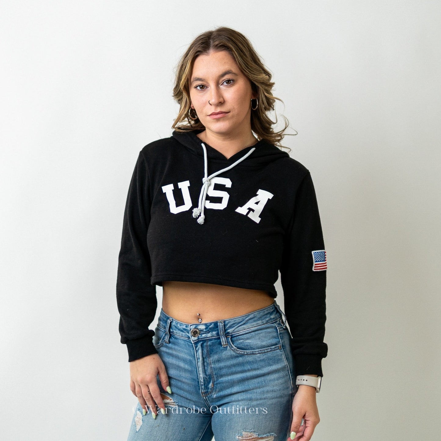 USA Black Cropped Hoodie Sweatshirt