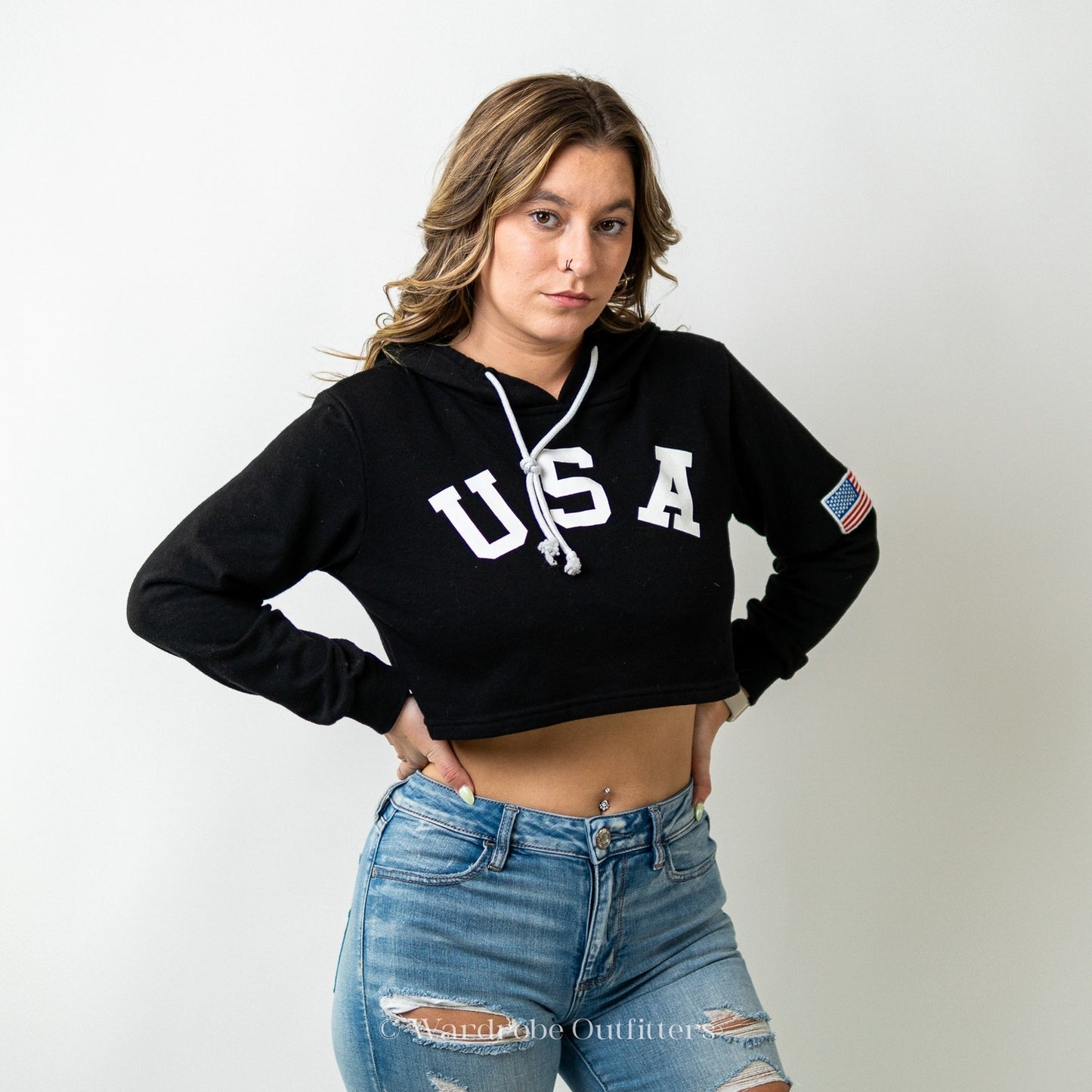 USA Black Cropped Hoodie Sweatshirt