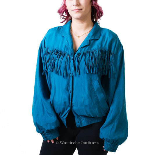 Vintage 80s Western Fringe Tassel Bright Blue Jacket