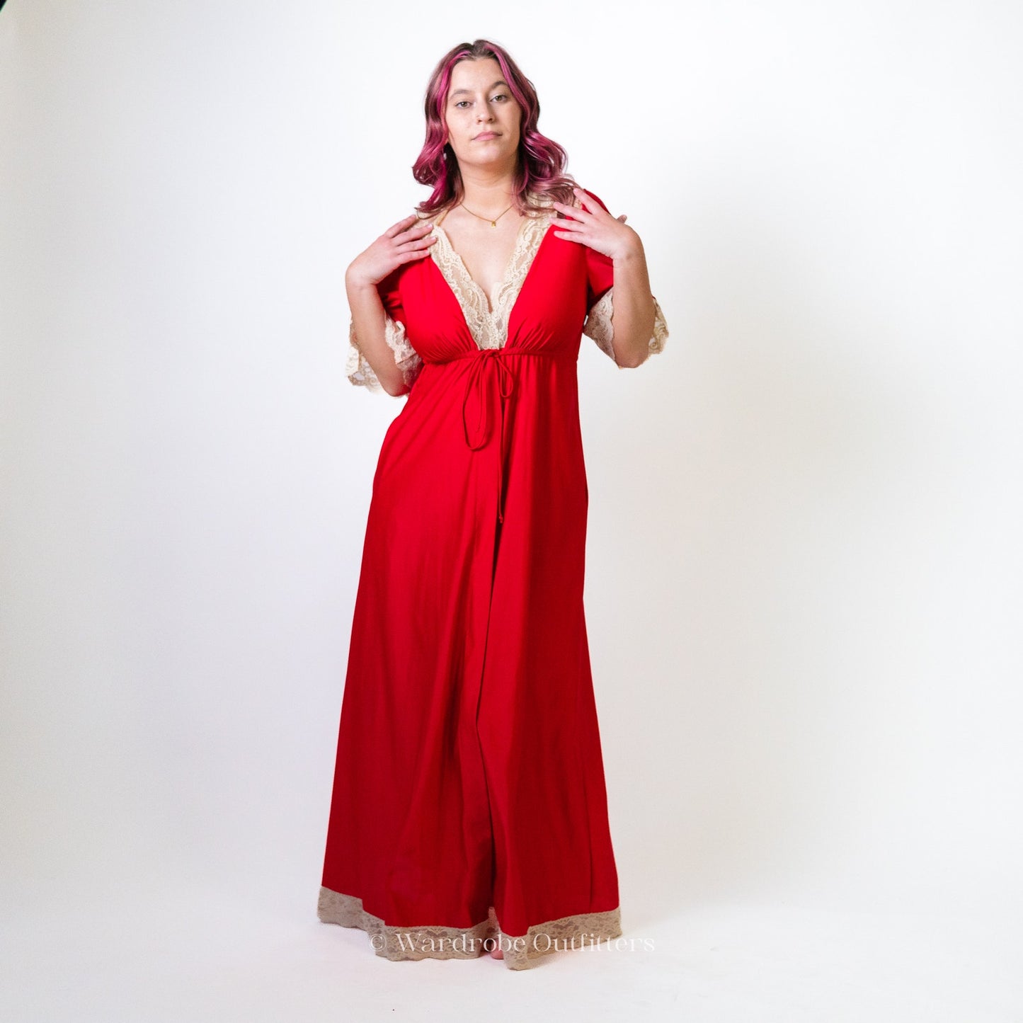 Vintage 1960's Shadow Line Red Nylon & Lace Lingerie Gown Dress