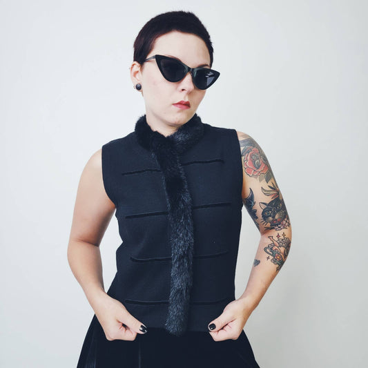 One of a Kind Vintage Black Knitted Wool & Fur Sweater Vest Cardigan - S