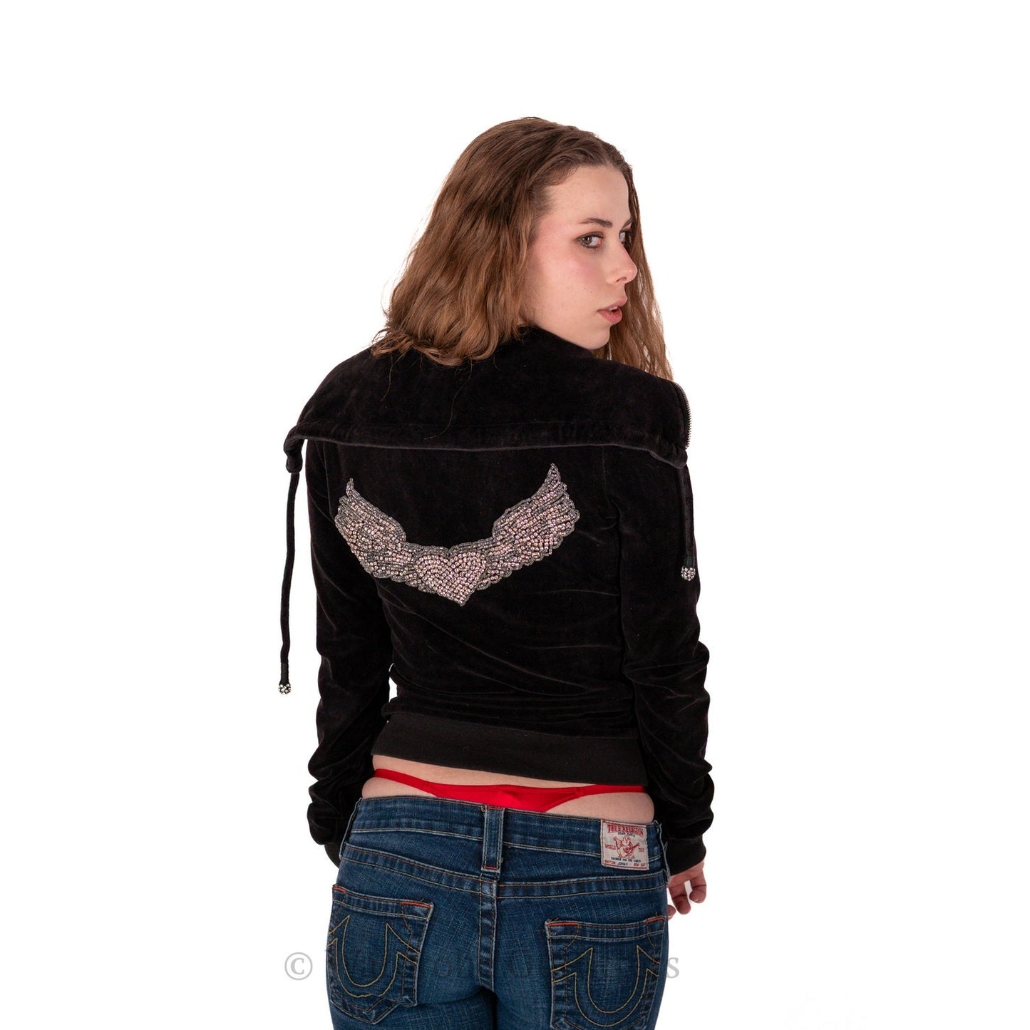 Vintage Y2k Twisted Heart Velvet Velour Zip Up Embellished Hoodie Jacket - S