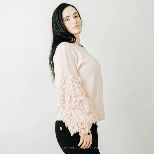 Blush Rose Pink Tassel Knit Pullover Crewneck Sweatshirt - L