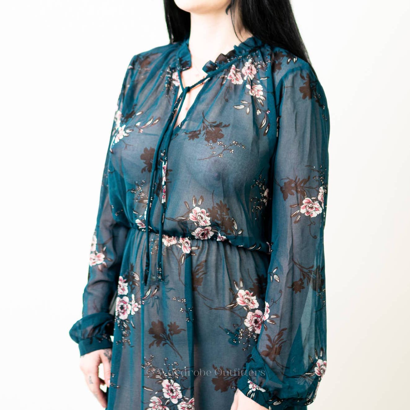 Lulus Newell Teal Green Sheer Floral Print Midi Dress - L