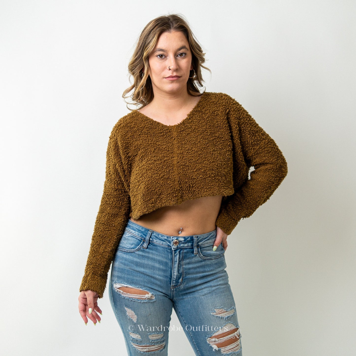 Free People Cropped Fuzzy Fleece Burnished Yellow Sweater Top