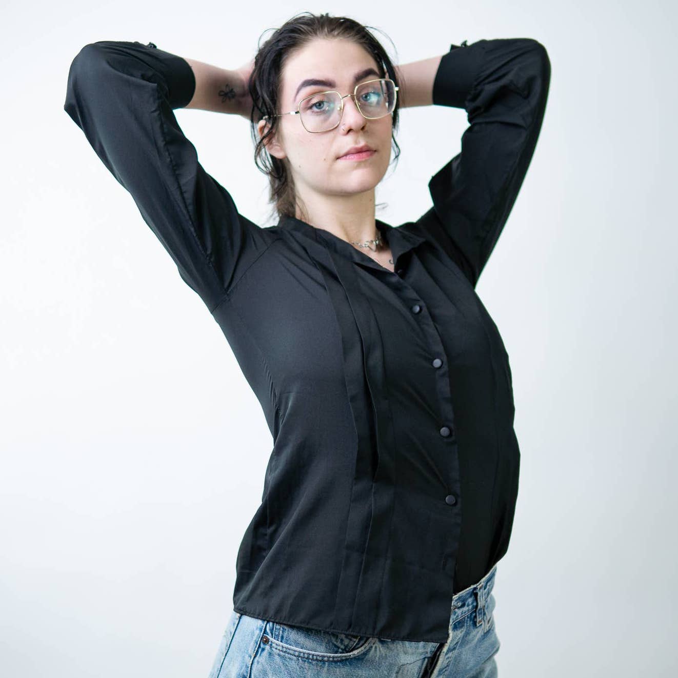 Vintage 90s Sheer Black Pleated Button Down Blouse