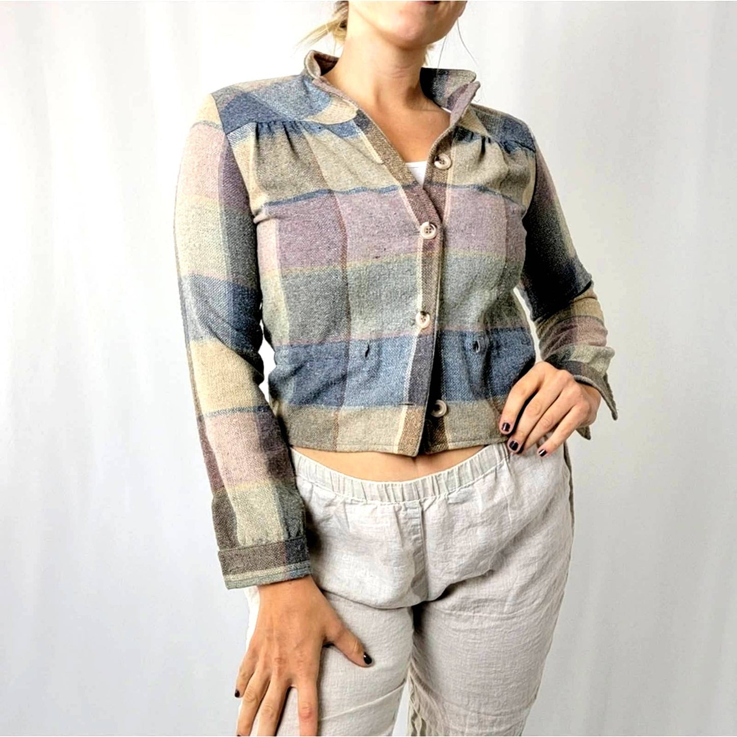 Vintage 80's Cottage Prairie Wool Pastel Plaid Jacket