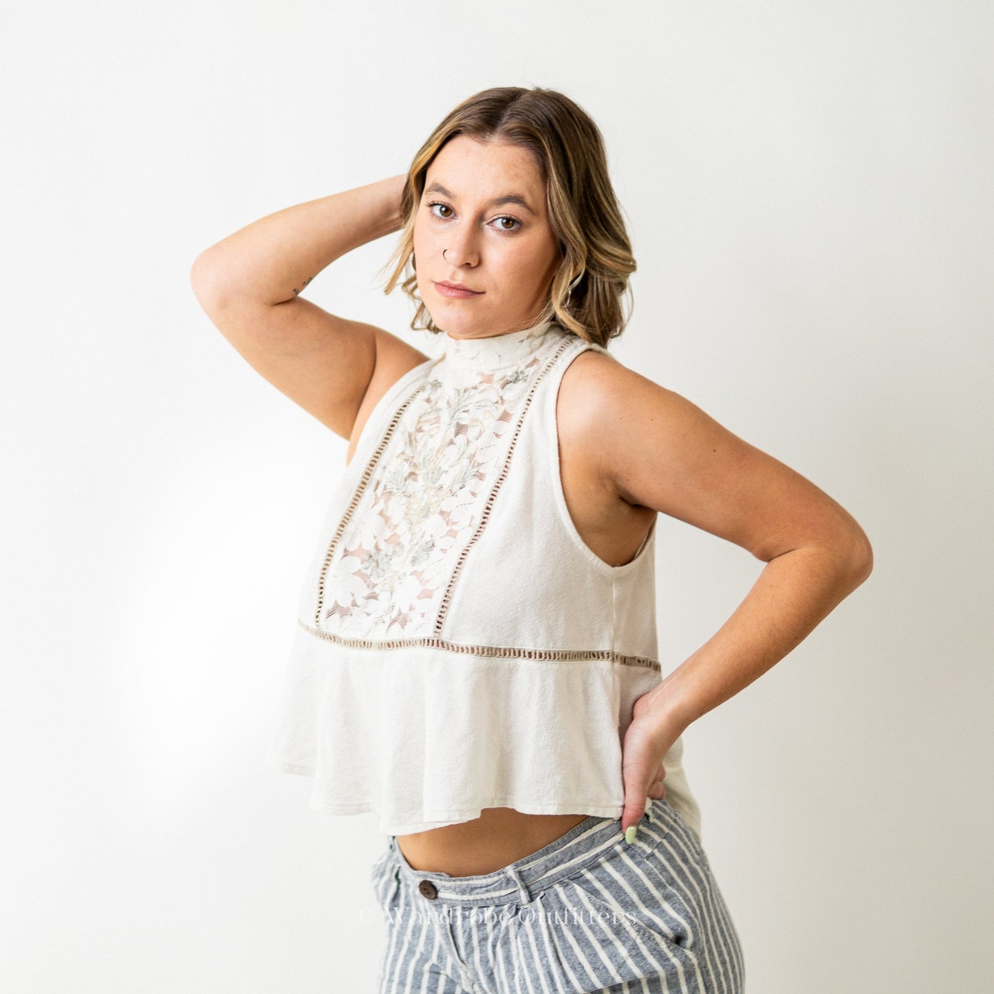 Free People Lace Back Sleeveless Collared Tank Top