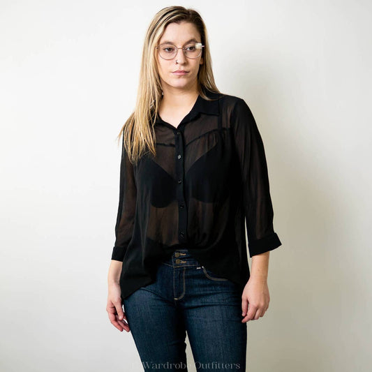 Vintage 90s Black Sheer See Through Chiffon Quarter Sleeve Button Up Blouse