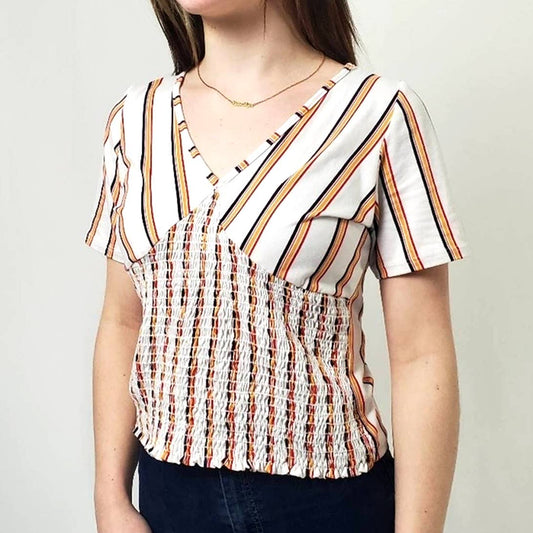 marci Rainbow Striped Cinched Stretchy Tee Top Blouse - M