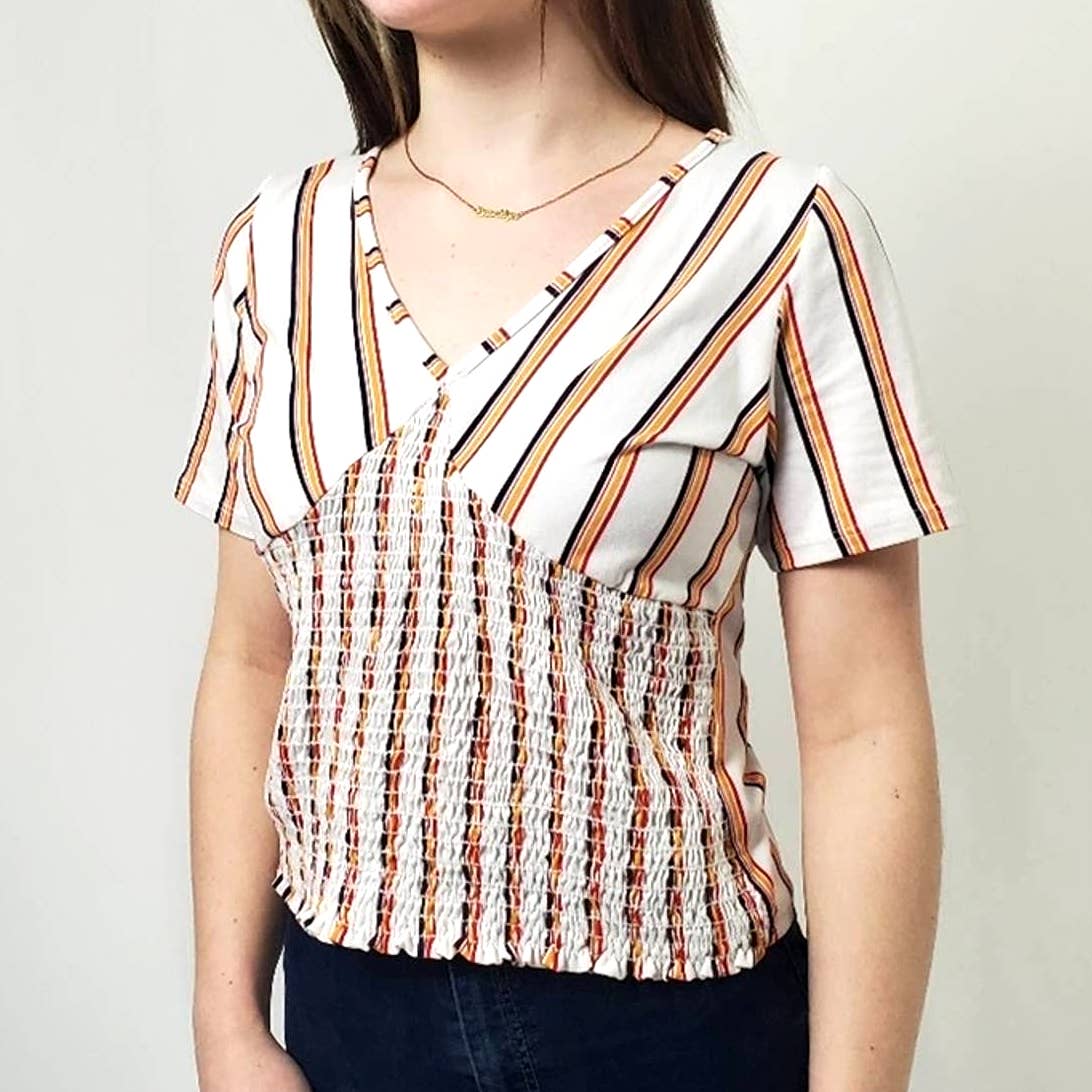 marci Rainbow Striped Cinched Stretchy Tee Top Blouse - M