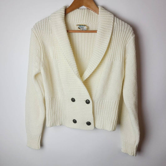 Vintage 70s Cream White 'Satisfaction Always' Knit Cardigan Sweater - L