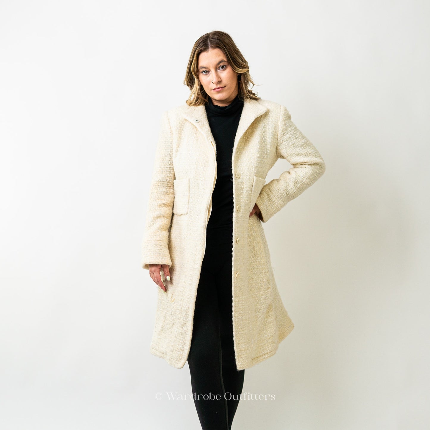 Oscar De La Renta White Wool Blend Pea Coat Jacket
