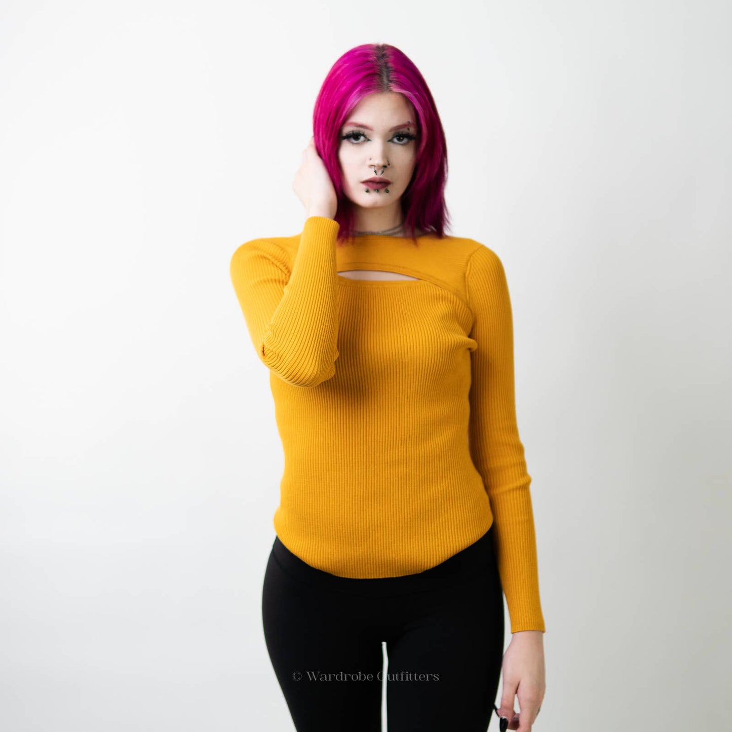 Fall Yellow Ribbed Long Sleeve Smocked Crewneck Sweater - L