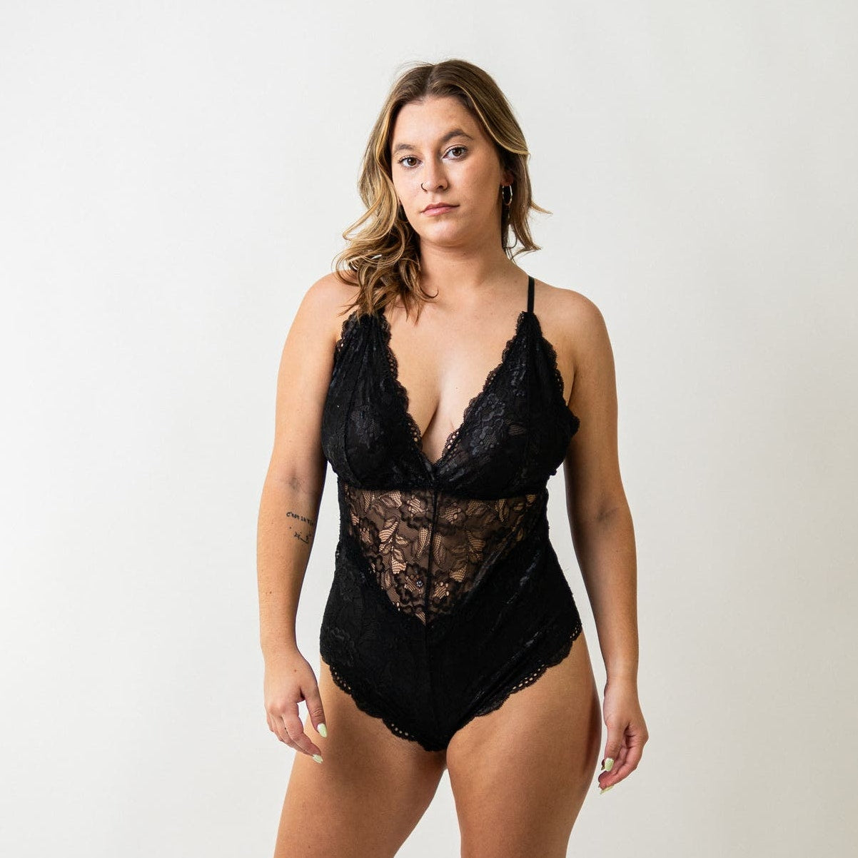 Black Lace Front Scallop Lace Trim Teddy Cheeky Bodysuit Lingerie