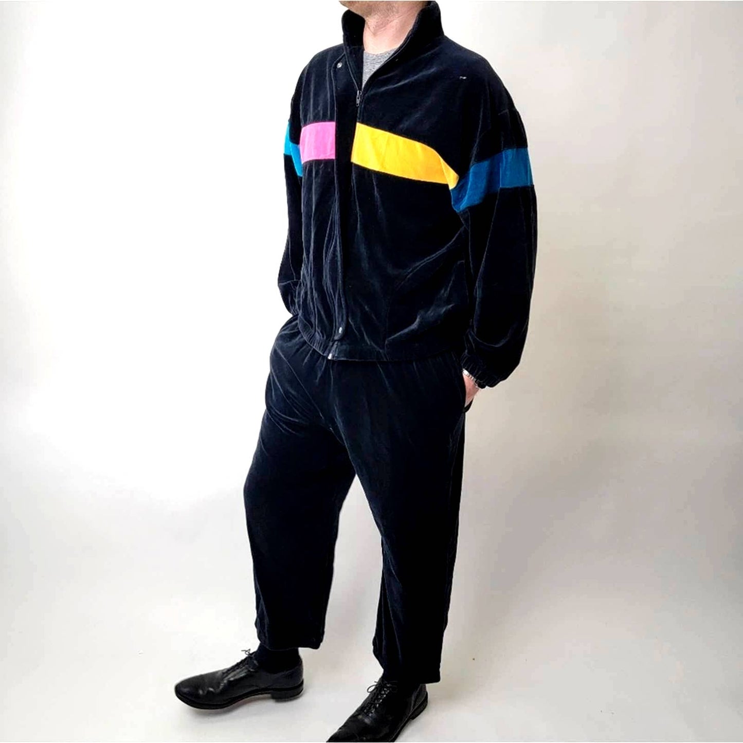 Vintage 90s Velour Track Suit - Multi Color Stripes - XL