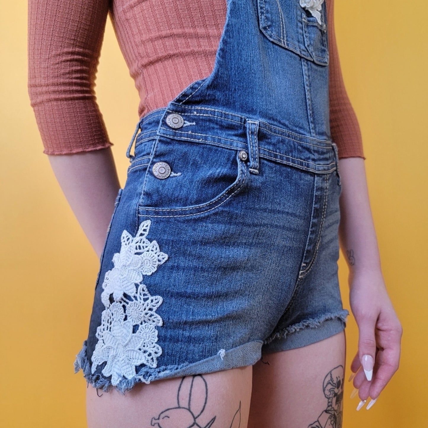 Denim and Lace Romper Jean Shortall Overalls