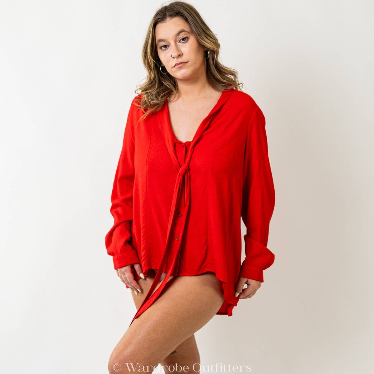 Maeve by Anthropologie Tie Front Red Long Sleeve Blouse