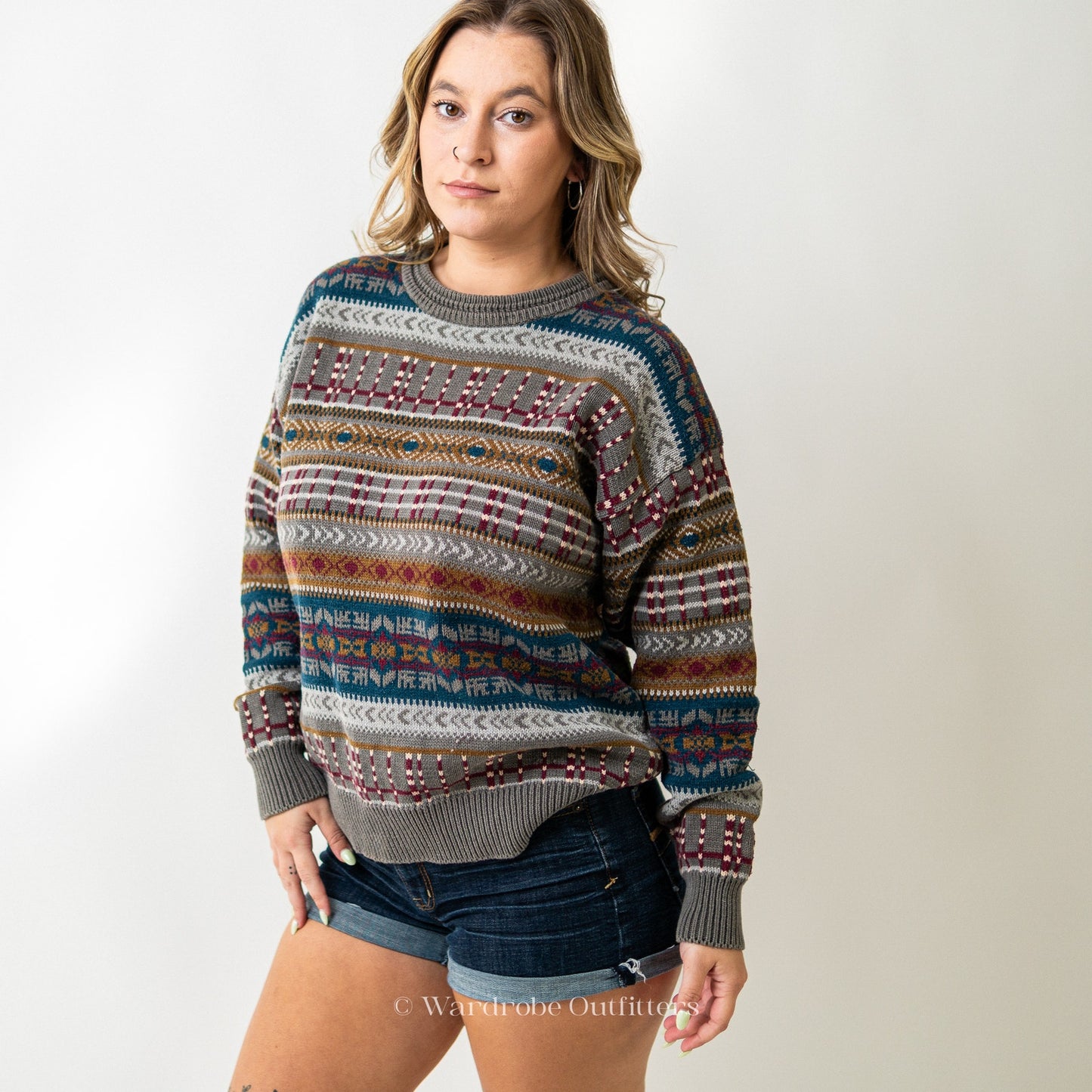 Chunky Vintage 90s Aztec Multi Striped Sweater Woods & Gray