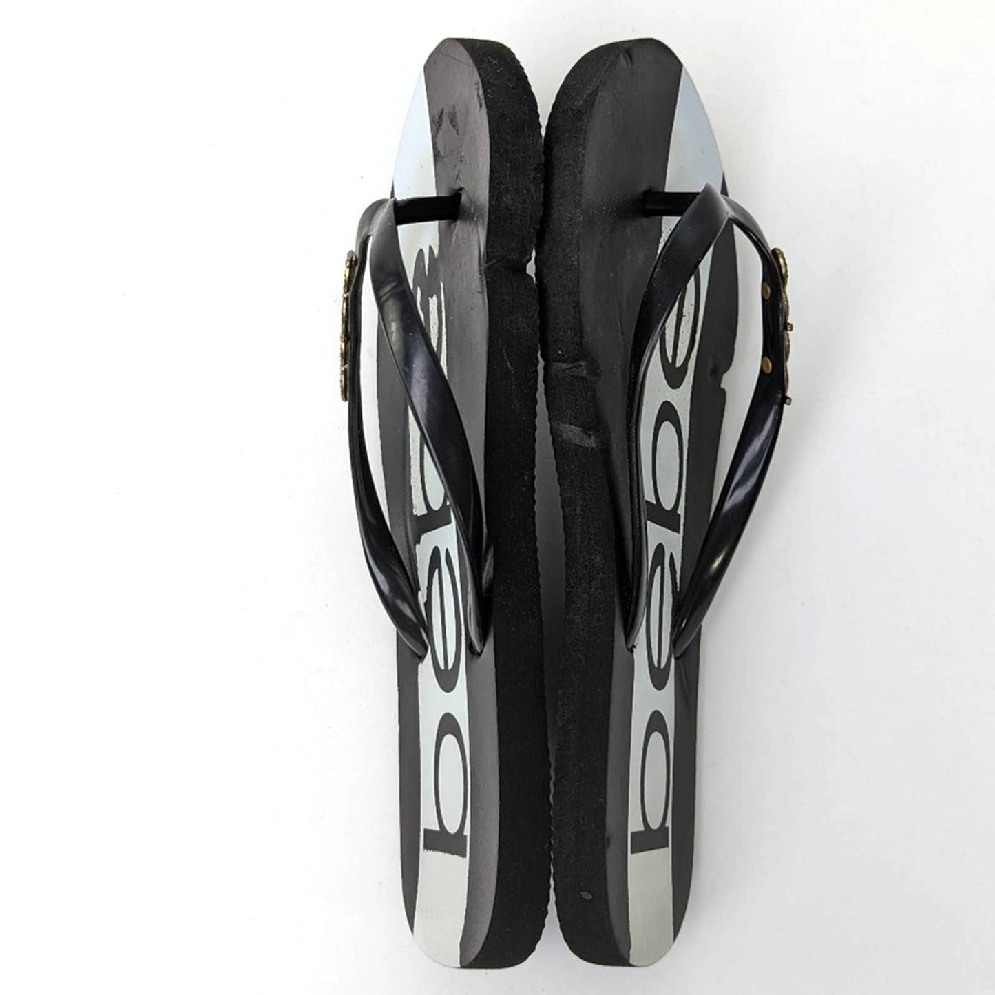 bebe Black & White Rhinestone Flip Flop Sandal Slides
