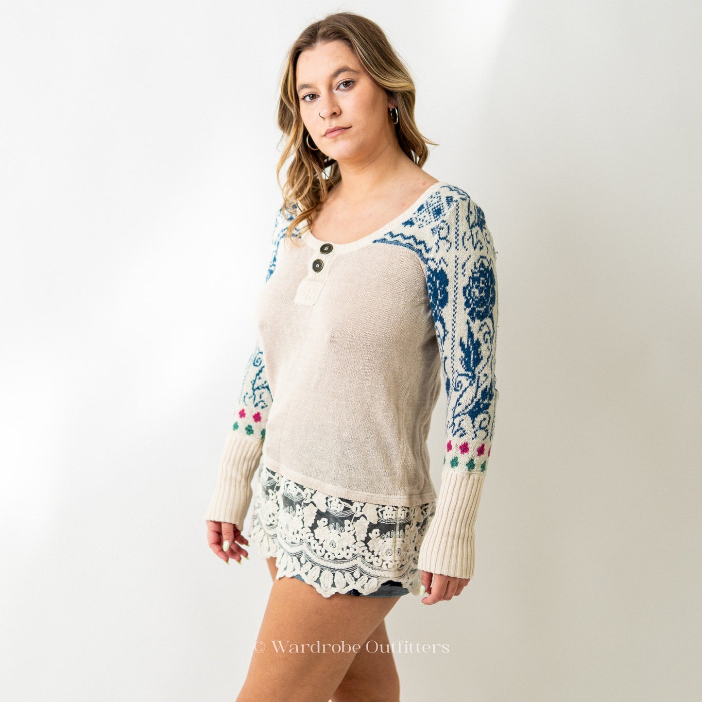 Free People Frilly Lace Long Sleeve Print Sweater